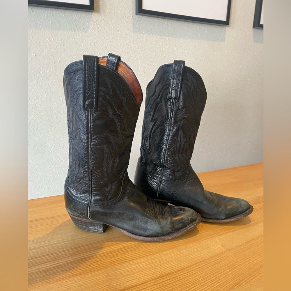(SOLD) Vintage WIDE Lucchese Black Leather Mid-calf cowboy boots - Picture 1 of 9